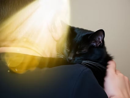 cat cuddling on a shoulder